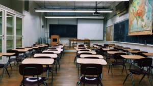 Desks in a classroom.