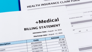 Health insurance billing statement on a blue background.