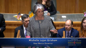 A woman in a suit and tie is giving a speech.