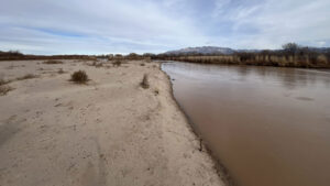 A serene river in the midst of a barren desert, its swift flow contrasting with the majestic backdrop of towering mountains.