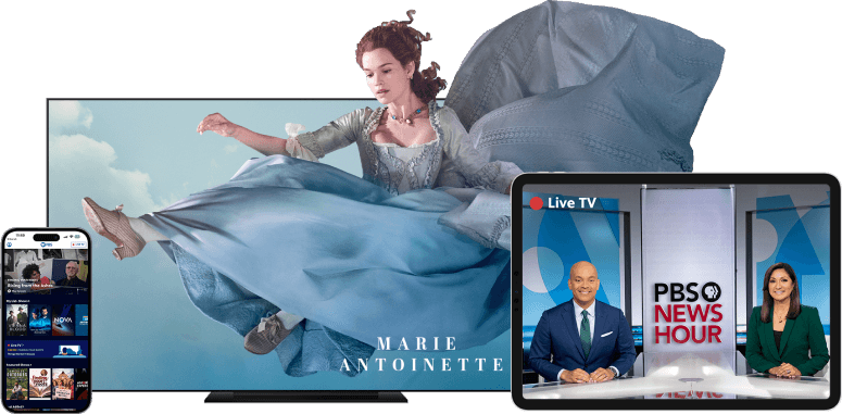 A composite image showcasing a woman in historical dress on a television screen, a smartphone with video thumbnails, and a tablet featuring a news program.