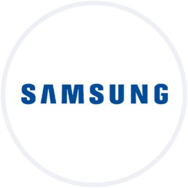 Samsung logo on a white circular background.