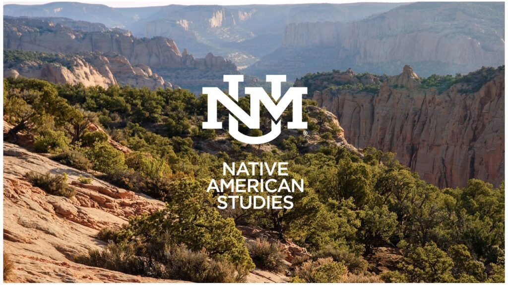 Logo of "nm native american studies" overlaying a scenic view of desert cliffs and forested areas.