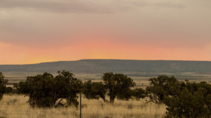 A landscape with shrubs and trees in the foreground, a flat-topped mesa in the background, and a sky with a gradient from light to darker shades of orange and red.