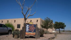 A beige building with a leafless tree and a sign reading "AMIKIDS" in front, flanked by shrubs and a parked gray vehicle under a clear blue sky.