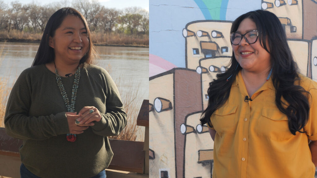 Two people are shown outdoors. One stands near a river wearing a green sweater; the other is in front of a painted wall wearing glasses and a yellow shirt. Both are smiling.
