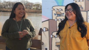 Two people are shown outdoors. One stands near a river wearing a green sweater; the other is in front of a painted wall wearing glasses and a yellow shirt. Both are smiling.
