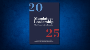 Book cover titled "Mandate for Leadership: The Conservative Promise" with large numbers "20" and "25" in the corners. Foreword by Kevin Roberts, edited by Paul Dans and Steven Groves.