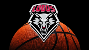 A basketball with a wolf logo labeled "Lobos" in bold red and white lettering on a black background.