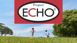 Two children running on a grassy field with scattered trees under a blue sky. A "Project Echo" logo is displayed prominently in the image.