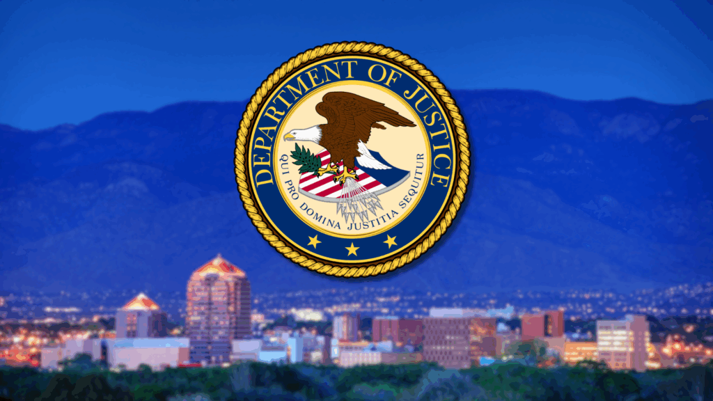 The U.S. Department of Justice seal overlaid on a blurred cityscape with mountains in the background during dusk.