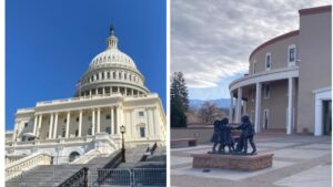 Side-by-side photos of the U.S. Capitol building in Washington, D.C. on the left, and the New Mexico State Capitol with a statue in front on the right.