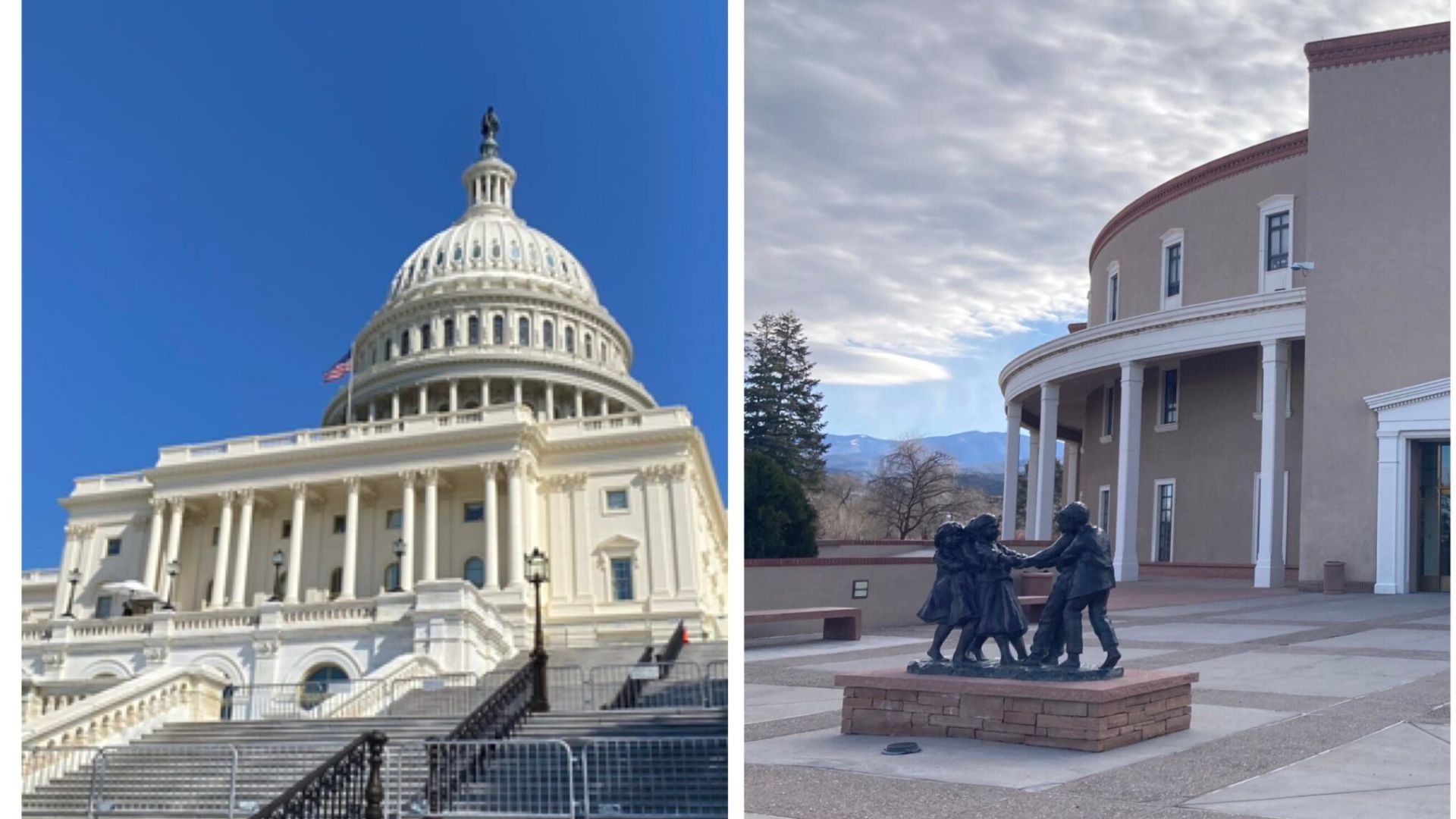 Side-by-side photos of the U.S. Capitol building in Washington, D.C. on the left, and the New Mexico State Capitol with a statue in front on the right.