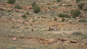 A single oil pumpjack operates in a dry, rocky landscape with sparse vegetation and scattered shrubs.