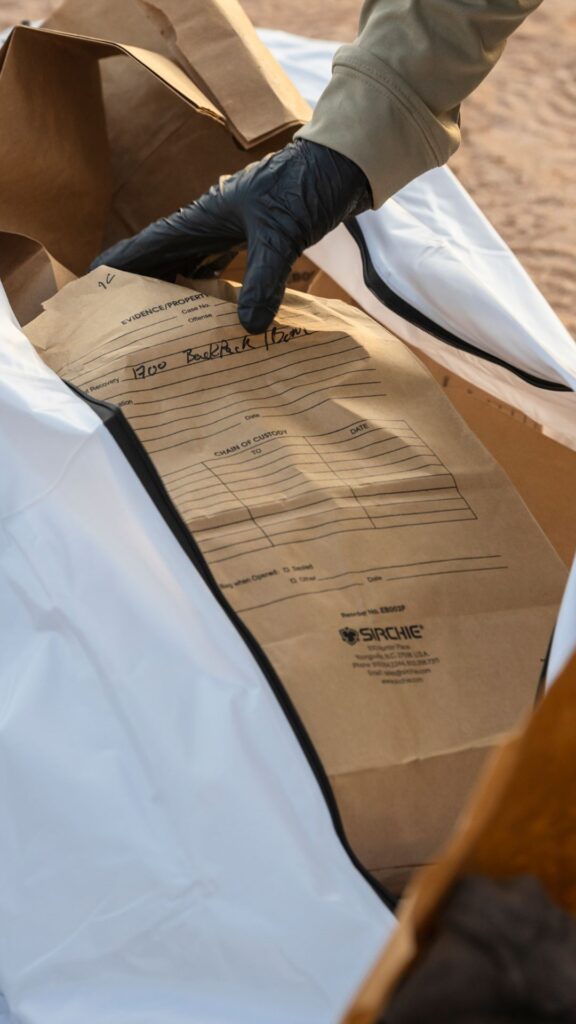 A gloved hand places a labeled evidence bag into a white container; the bag features fields for case details and the SIRCHIE brand logo.