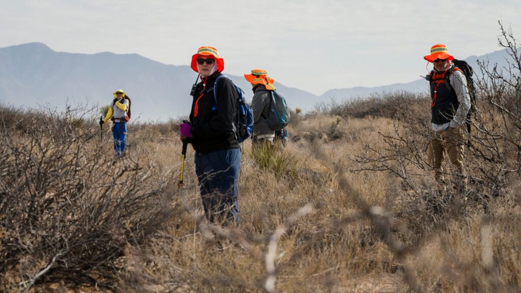 Four people in bright orange hats and outdoor gear stand spaced apart in a dry, brushy desert landscape with mountains in the background.