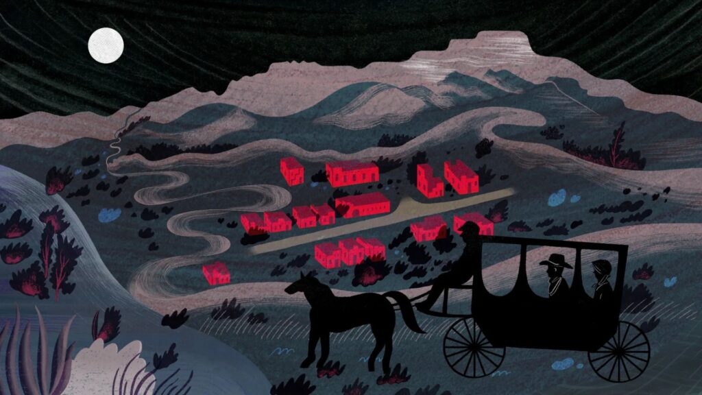 A horse-drawn carriage with two passengers approaches a small town with red buildings under a full moon, surrounded by hills and winding roads.