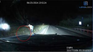 A person stands on the side of a dark, empty highway at night, illuminated by vehicle headlights; a timestamp and GPS coordinates are visible on the dashcam footage.