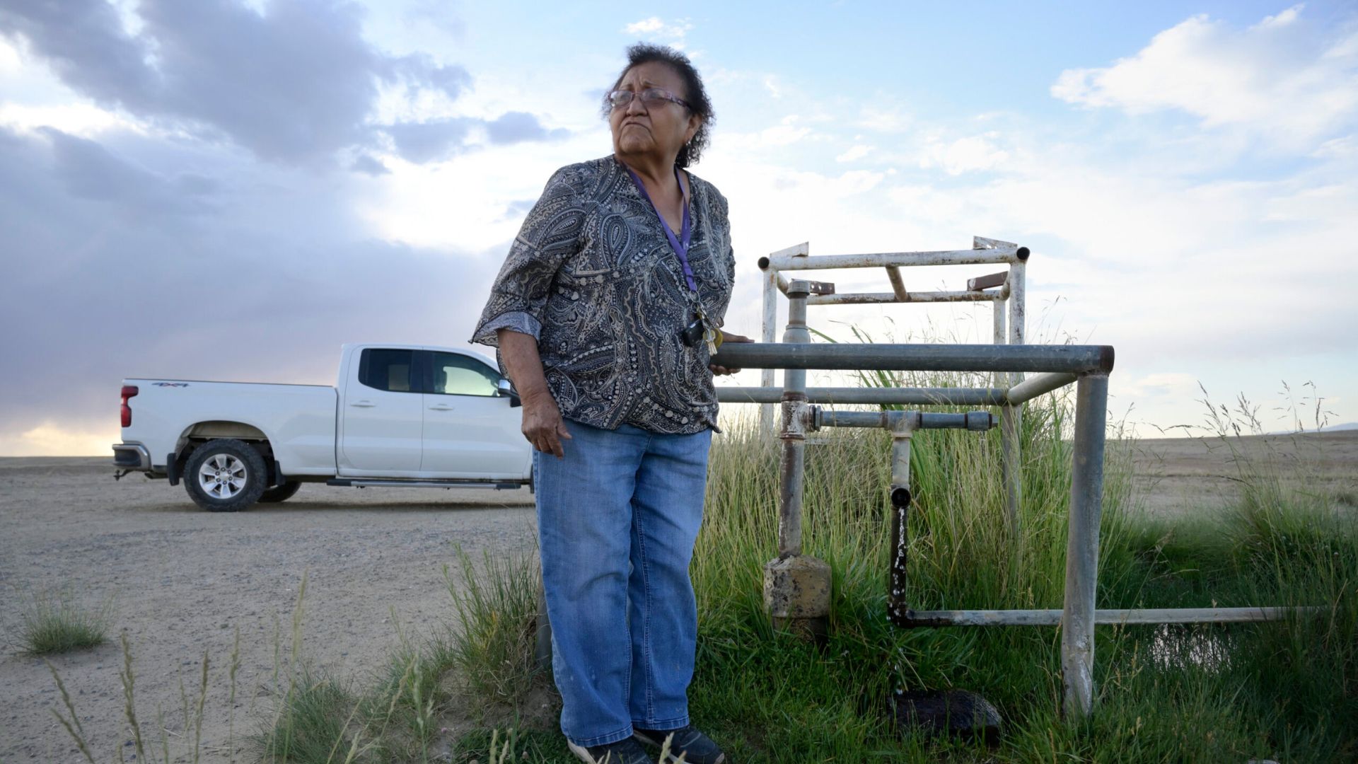 A woman stands near a metal gate structure in a grassy area, with a white pickup truck parked on a dirt road in the background under a cloudy sky.