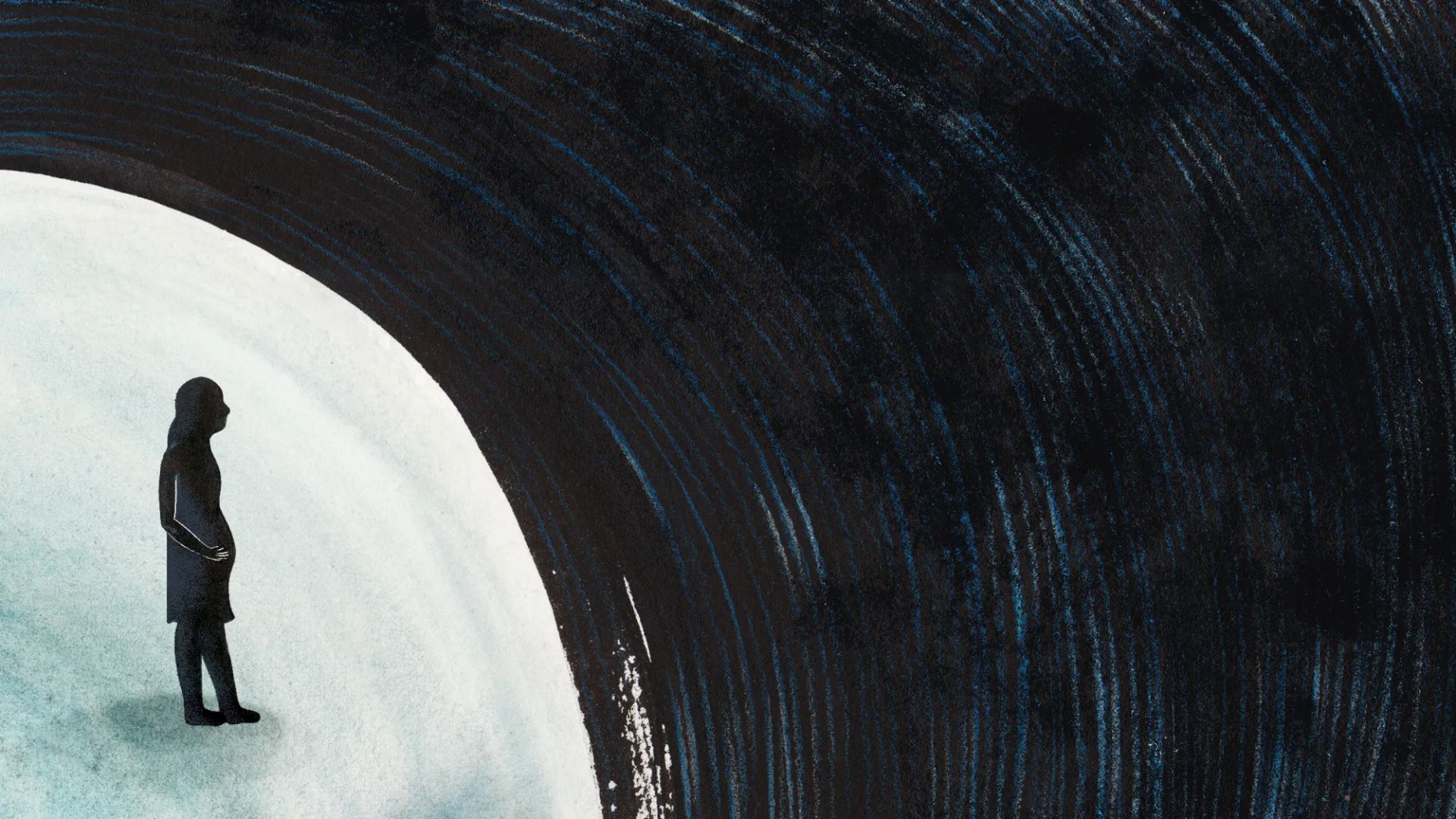Silhouette of a person standing at the edge of a white area, facing a large, dark swirling background.