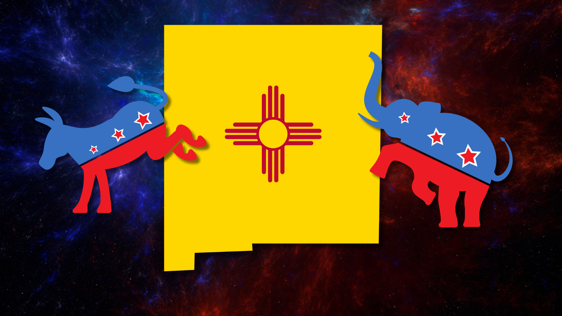 A yellow outline of New Mexico’s state flag is centered between a blue Democratic donkey and a red Republican elephant, both decorated with stars, against a colorful cosmic background.