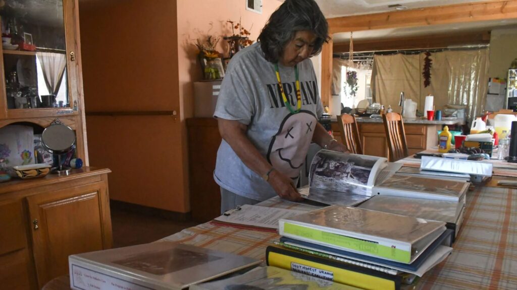 A woman stands at a dining table, looking through a photo album, with several other binders and albums spread out in front of her in a home setting.