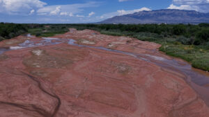A mostly dry riverbed with scattered shallow streams, surrounded by green vegetation, under a partly cloudy sky with mountains in the background.