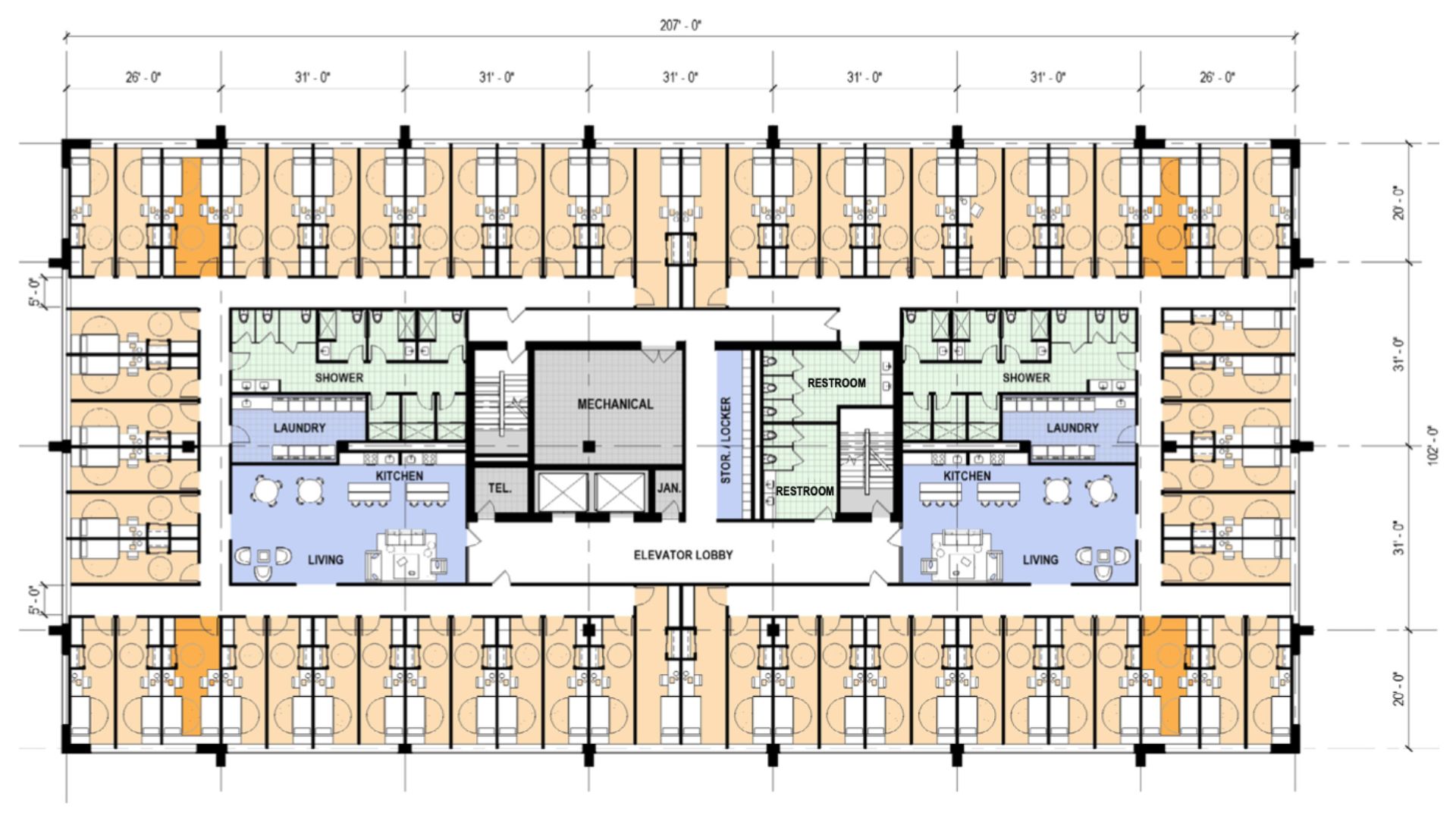 Architectural floor plan of a dormitory with two wings, each containing multiple rooms, shared living areas, laundries, showers, and central mechanical and elevator spaces.