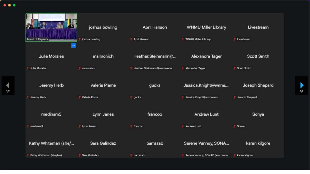 Screenshot of a Zoom meeting with multiple participants displayed in grid view, most with video and microphones off. A few people are visible in a small video panel at the top left.