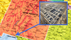 A map of New Mexico highlighting El Paso with an arrow and an inset image of an industrial facility.