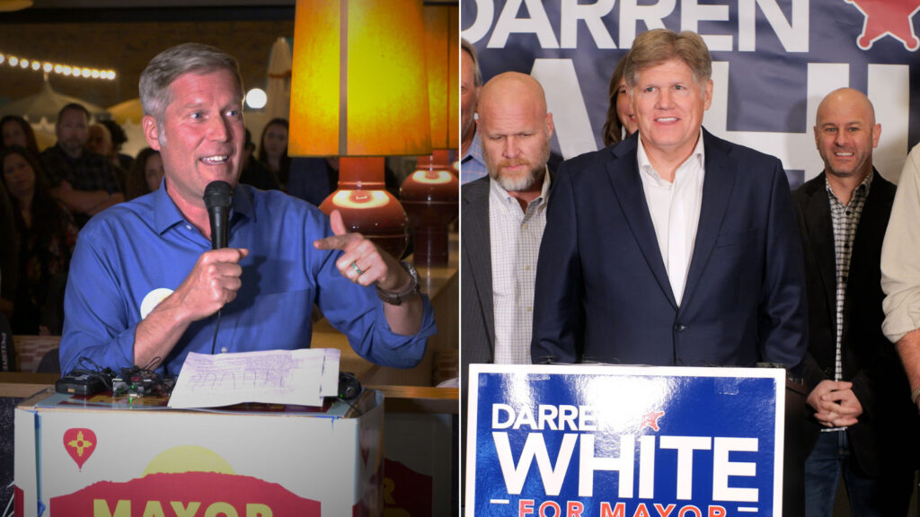 Two mayoral candidates speak at separate campaign events; one gestures with a microphone, the other stands behind a podium with supporters and a campaign sign.