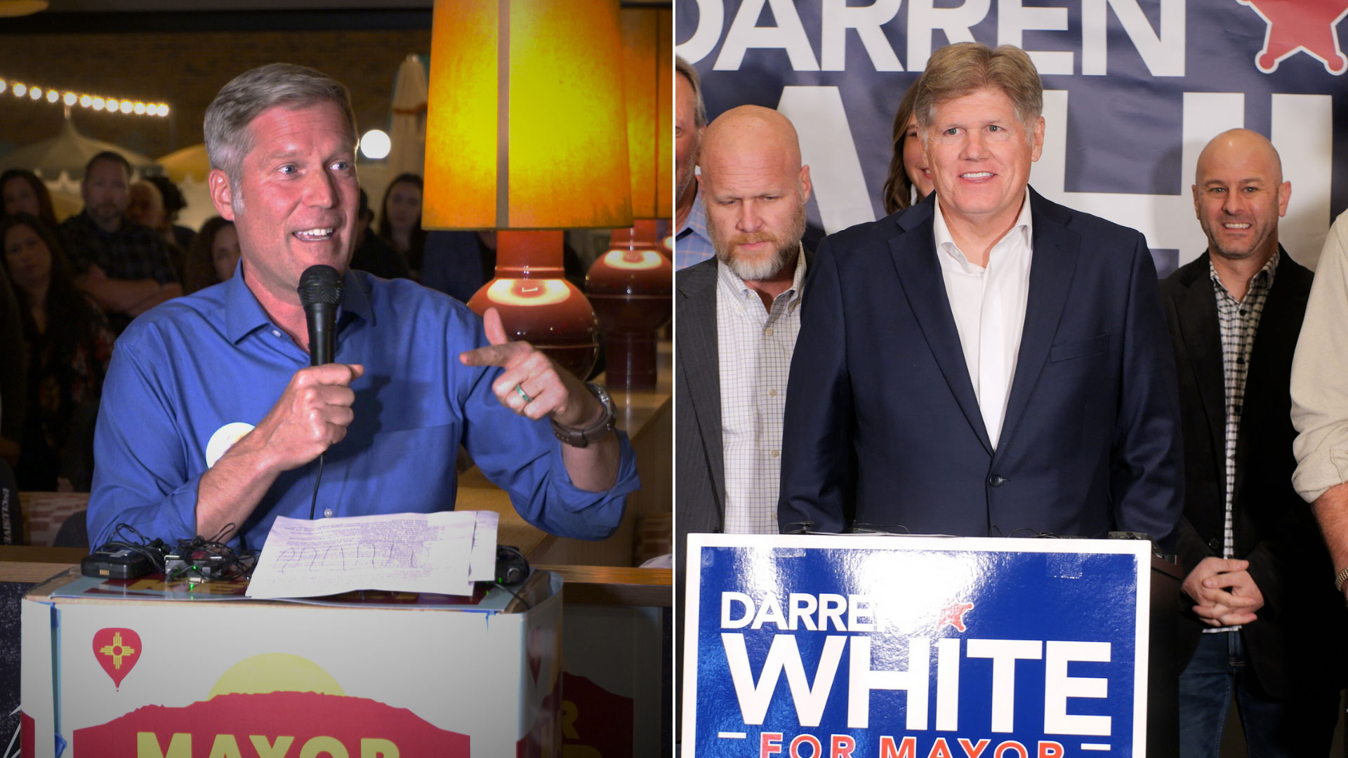 Two mayoral candidates speak at separate campaign events; one gestures with a microphone, the other stands behind a podium with supporters and a campaign sign.