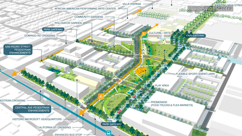 Aerial map illustration showing proposed park enhancements, green spaces, walking paths, play areas, and various community facilities in an urban neighborhood.