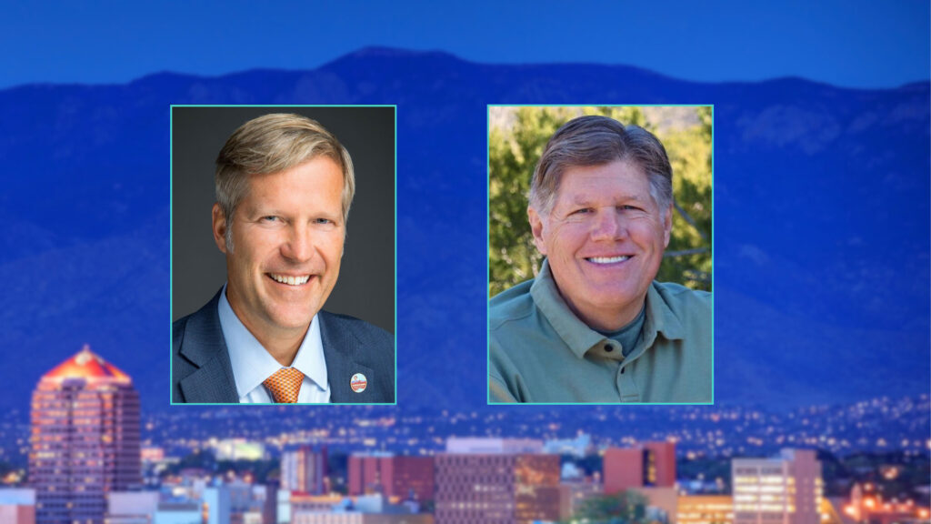 Two men are pictured in separate portrait photos, one in a suit and tie and the other in a green shirt, with a cityscape and mountains in the background.