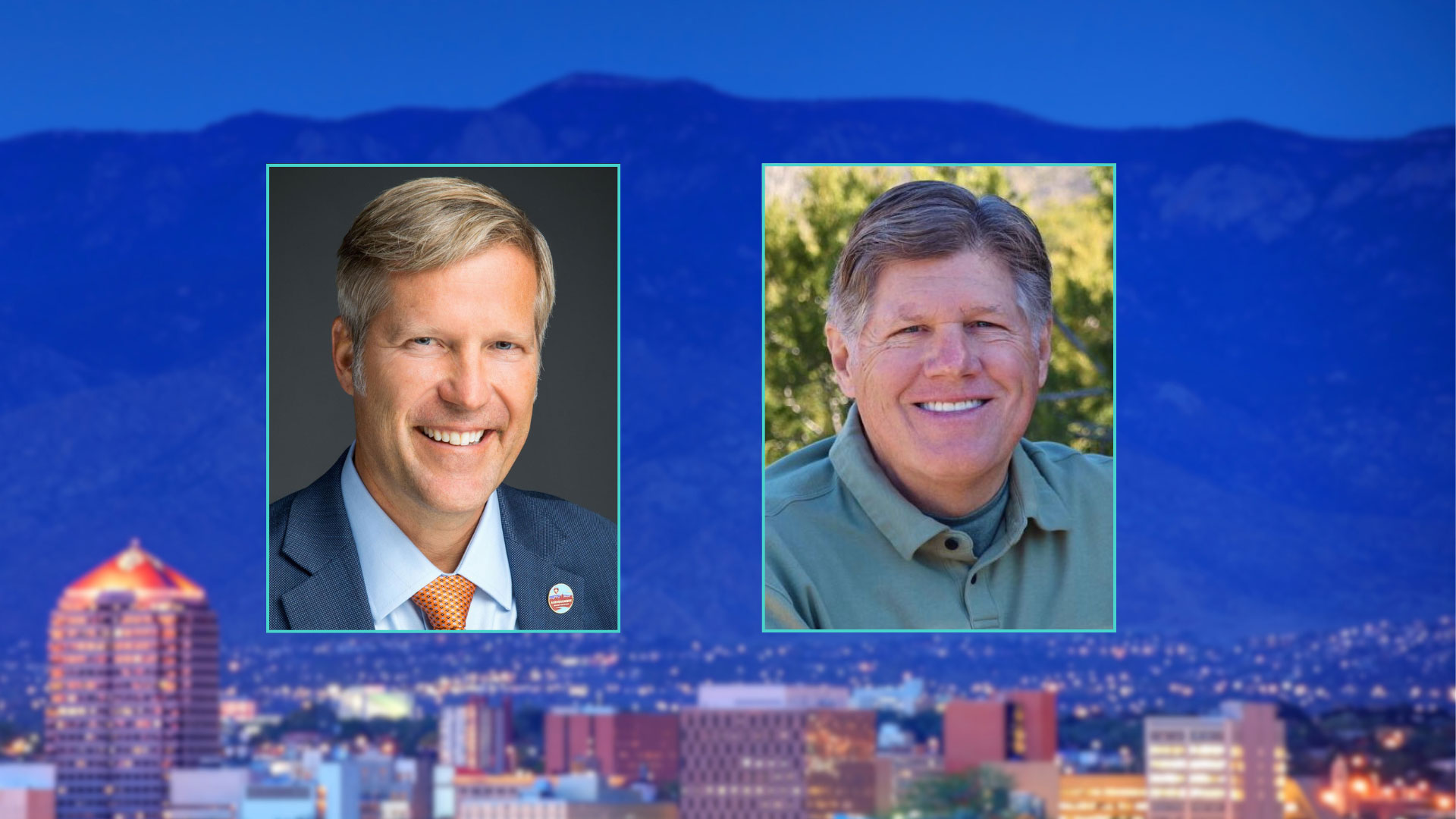 Two men are pictured in separate portrait photos, one in a suit and tie and the other in a green shirt, with a cityscape and mountains in the background.