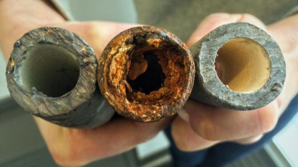 Three different metal pipes are shown in cross-section, with the middle pipe heavily corroded and clogged, while the pipes on each side appear clearer and less damaged.