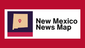 A graphic featuring a beige map of New Mexico with a location pin, next to the text "New Mexico News Map" on a white and red background.