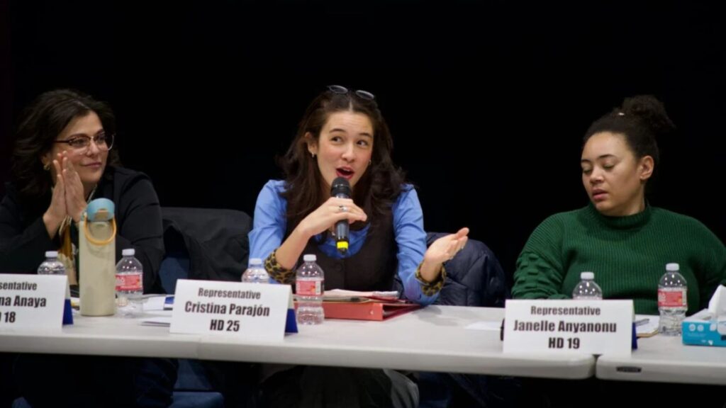 Three women sit at a panel table with microphones and nameplates, as the woman in the center speaks into a microphone. Bottled water and papers are on the table.