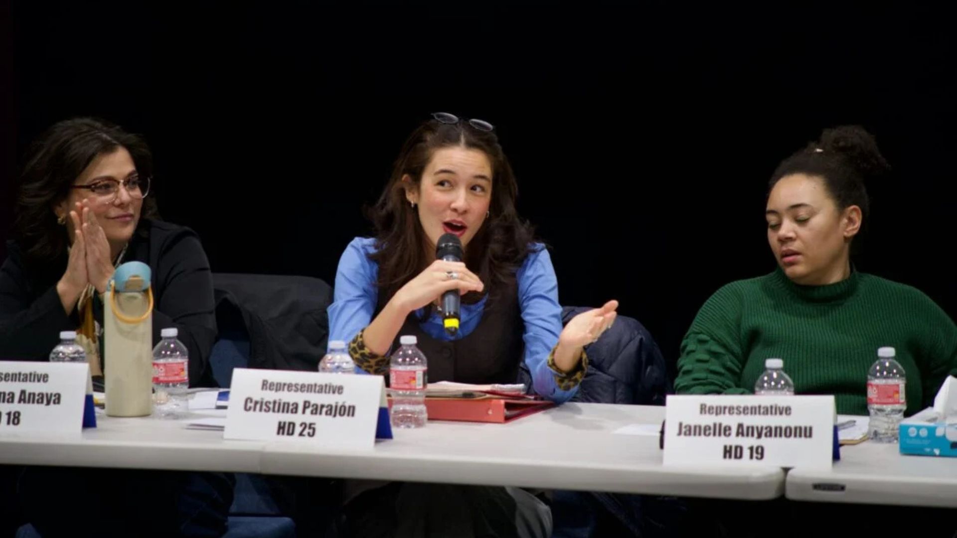 Three women sit at a panel table with microphones and nameplates, as the woman in the center speaks into a microphone. Bottled water and papers are on the table.