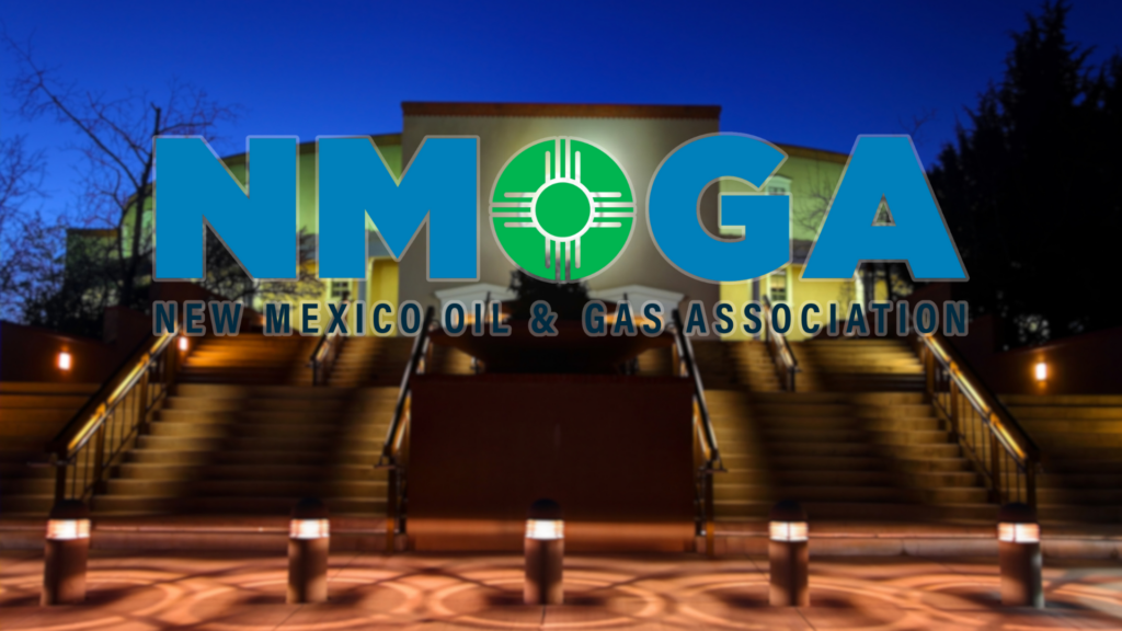 Large "NMOGA" logo with "New Mexico Oil & Gas Association" text overlaid on a nighttime image of an illuminated building with stairs and railings.