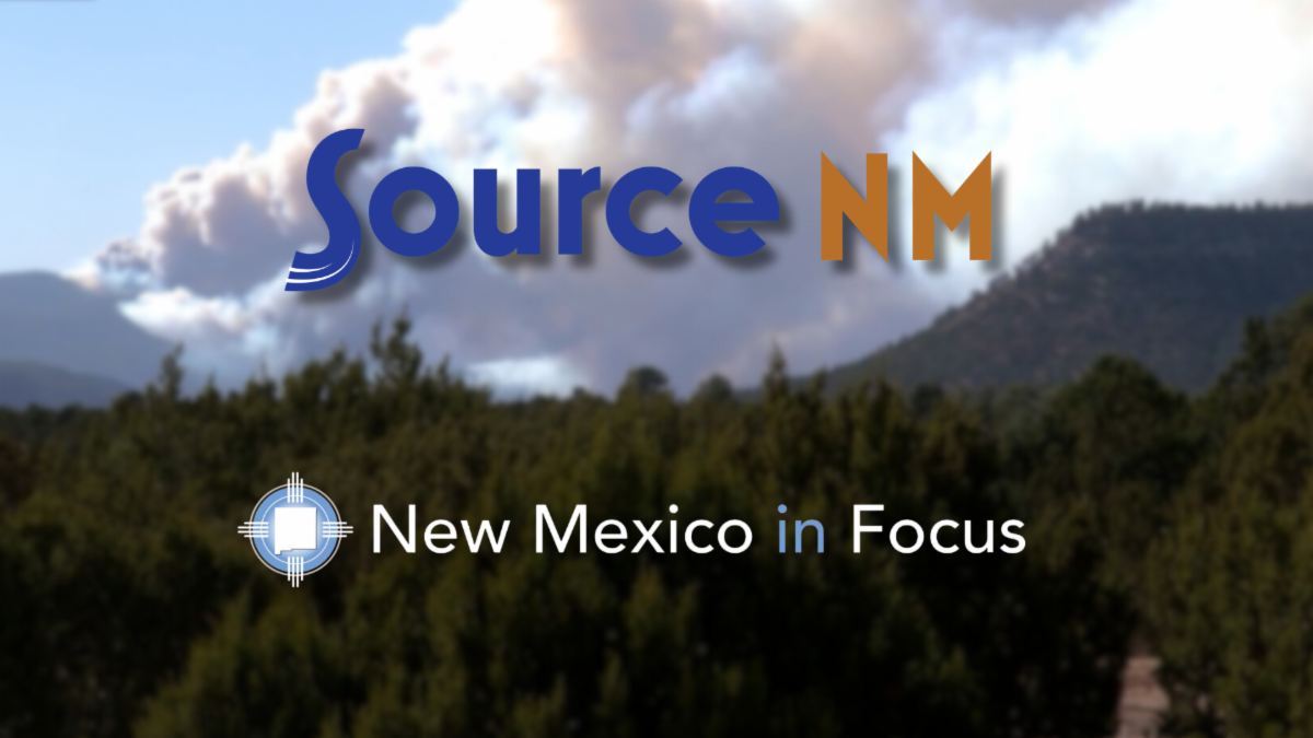 Logos of Source NM and New Mexico in Focus over a blurred background of trees, mountains, and smoke rising into a partly cloudy sky.