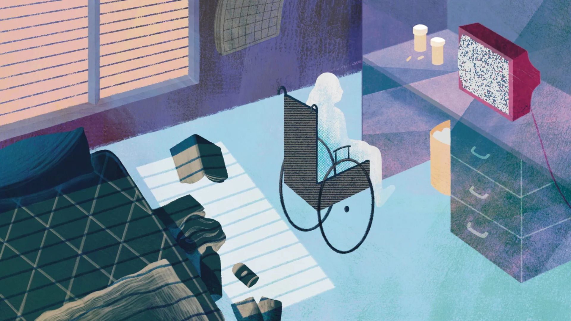 Illustration of a wheelchair facing a static-filled TV in a dimly lit room with an unmade bed, dresser, wastebasket, and two cups on a table.