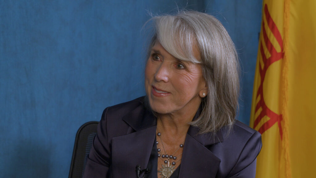 A woman with gray hair wearing a dark blazer sits in front of a blue backdrop and a yellow flag with a red symbol, looking to the side.