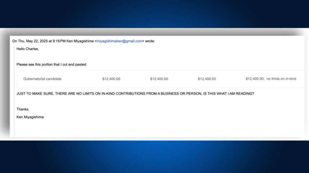 Screenshot of an email asking for clarification on whether there are limits on in-kind contributions for gubernatorial candidates, with amounts of $12,400 shown in a table.