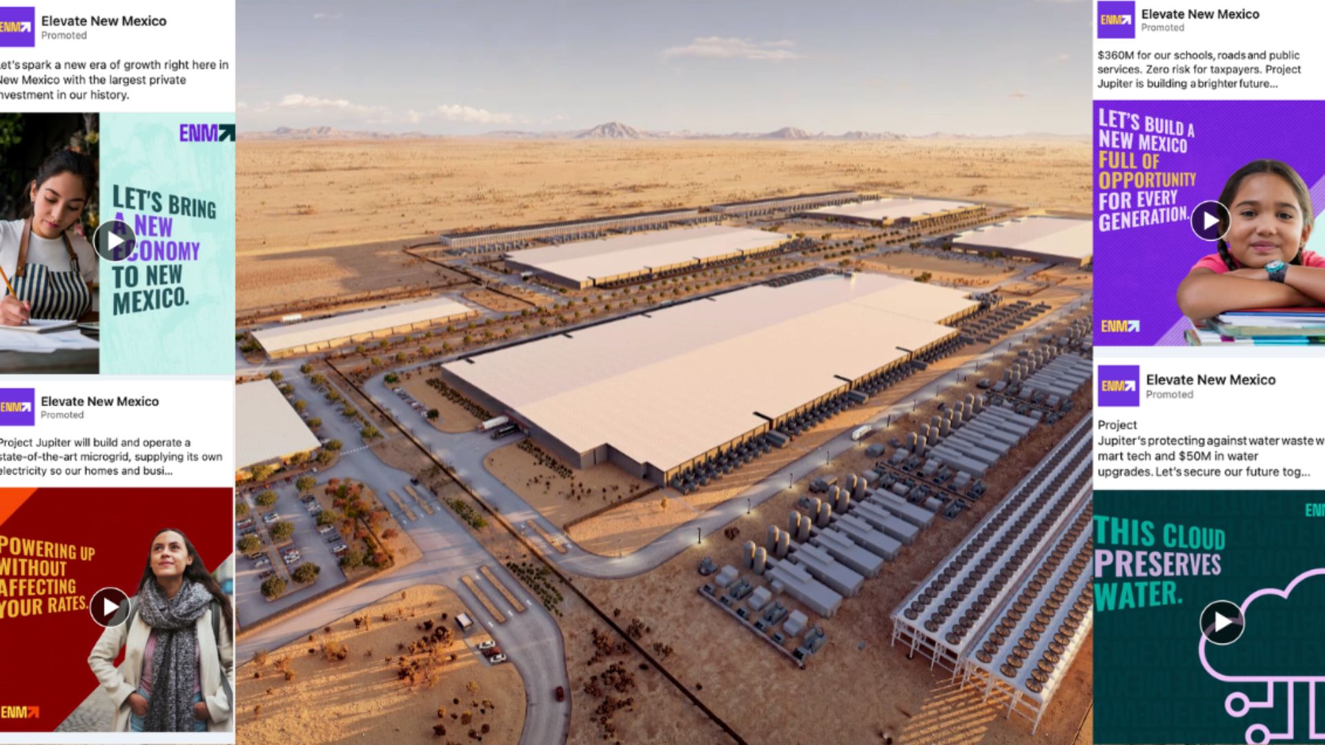 Aerial view of a large industrial complex in a desert landscape, with several rectangular buildings, roads, and infrastructure surrounded by arid terrain.
