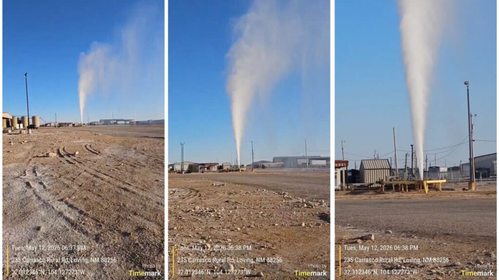 Three side-by-side photos show a dust devil forming and rising in a dry, open area near buildings under a clear blue sky.
