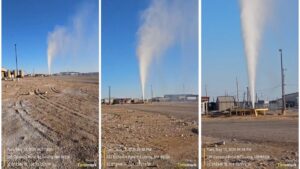 Three side-by-side photos show a dust devil forming and rising in a dry, open area near buildings under a clear blue sky.