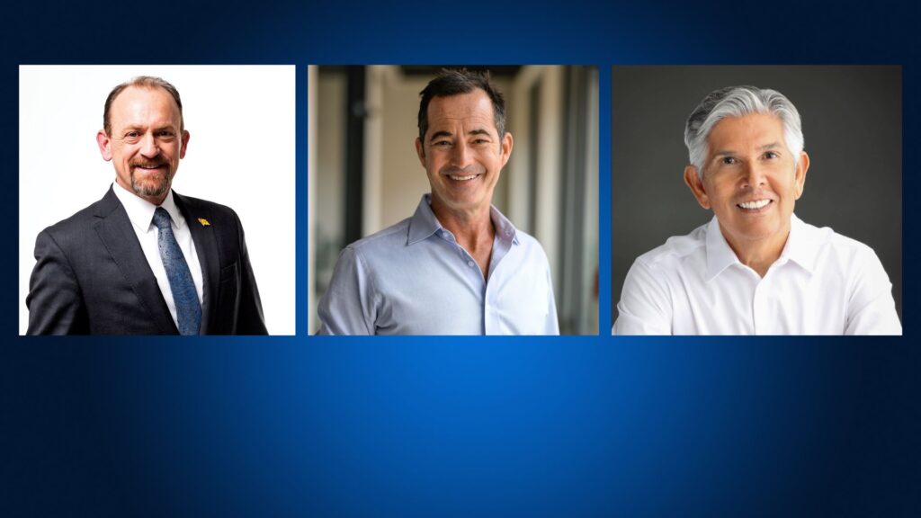Three men in business attire, each in a separate portrait against a blue gradient background. The first wears a suit and tie, the other two wear collared shirts and are smiling.