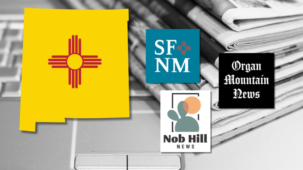 A yellow map of New Mexico and its state flag are shown next to news outlet logos: SFNM, Organ Mountain News, and Nob Hill News, with newspapers in the background.