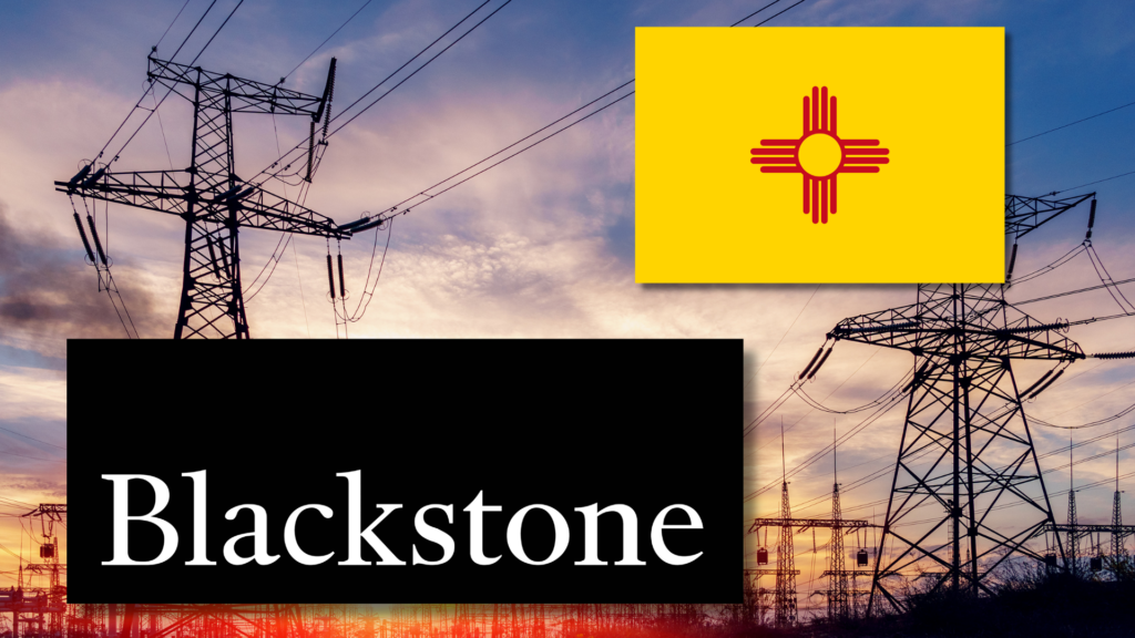 High-voltage power lines at sunset with the New Mexico state flag and the Blackstone logo superimposed in the foreground.